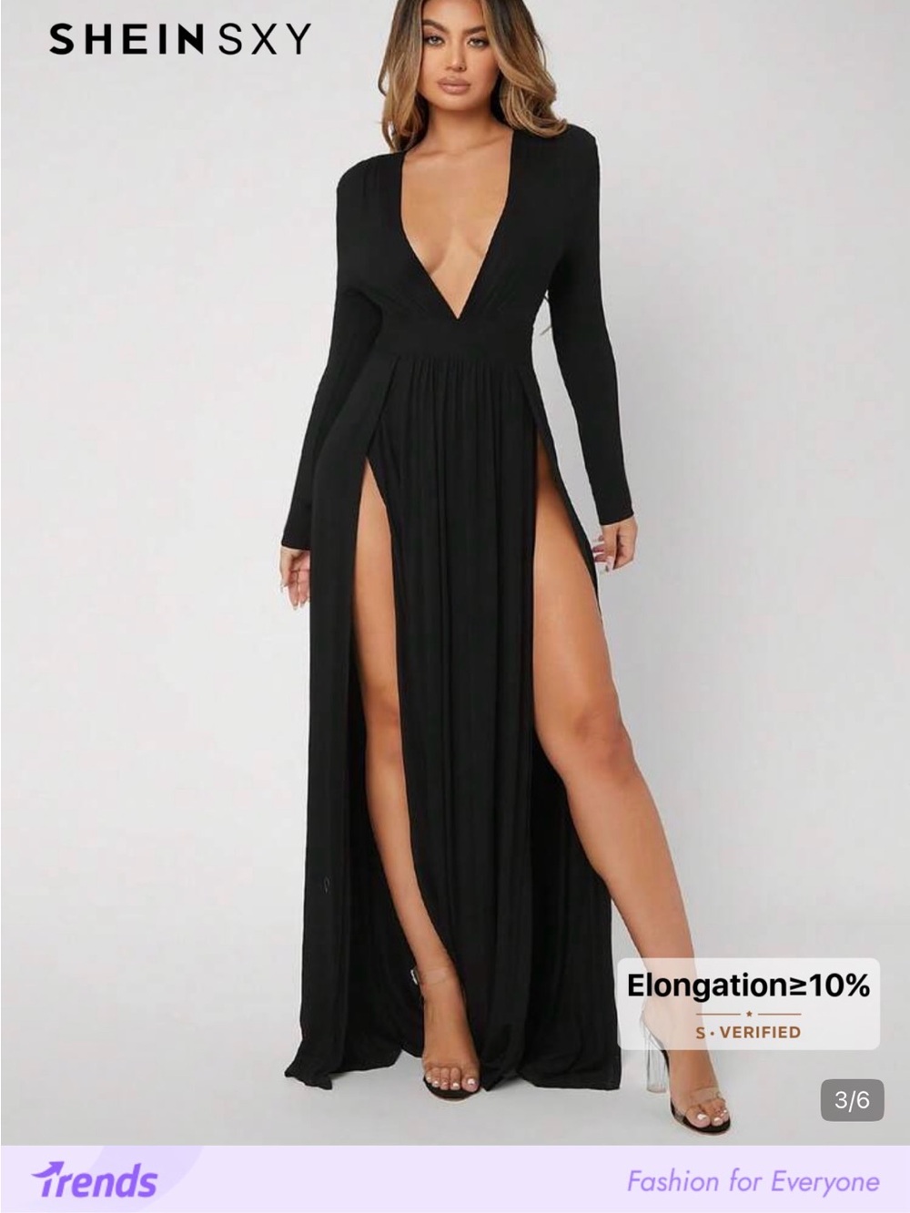 SHEIN Black Deep V Long Sleeve High-Slit Maxi Dress